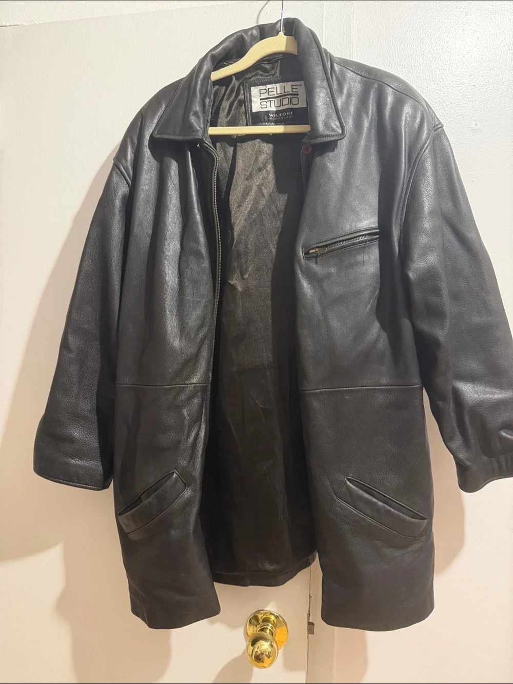 Pelle Studio Black Leather Pea Coat with Zip Chest Pocket. Belt is missing